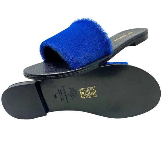 AVEC MODÉRATION Bora Bora Royal Blue Pony Hair Leather Slides - Picture 9 of 11